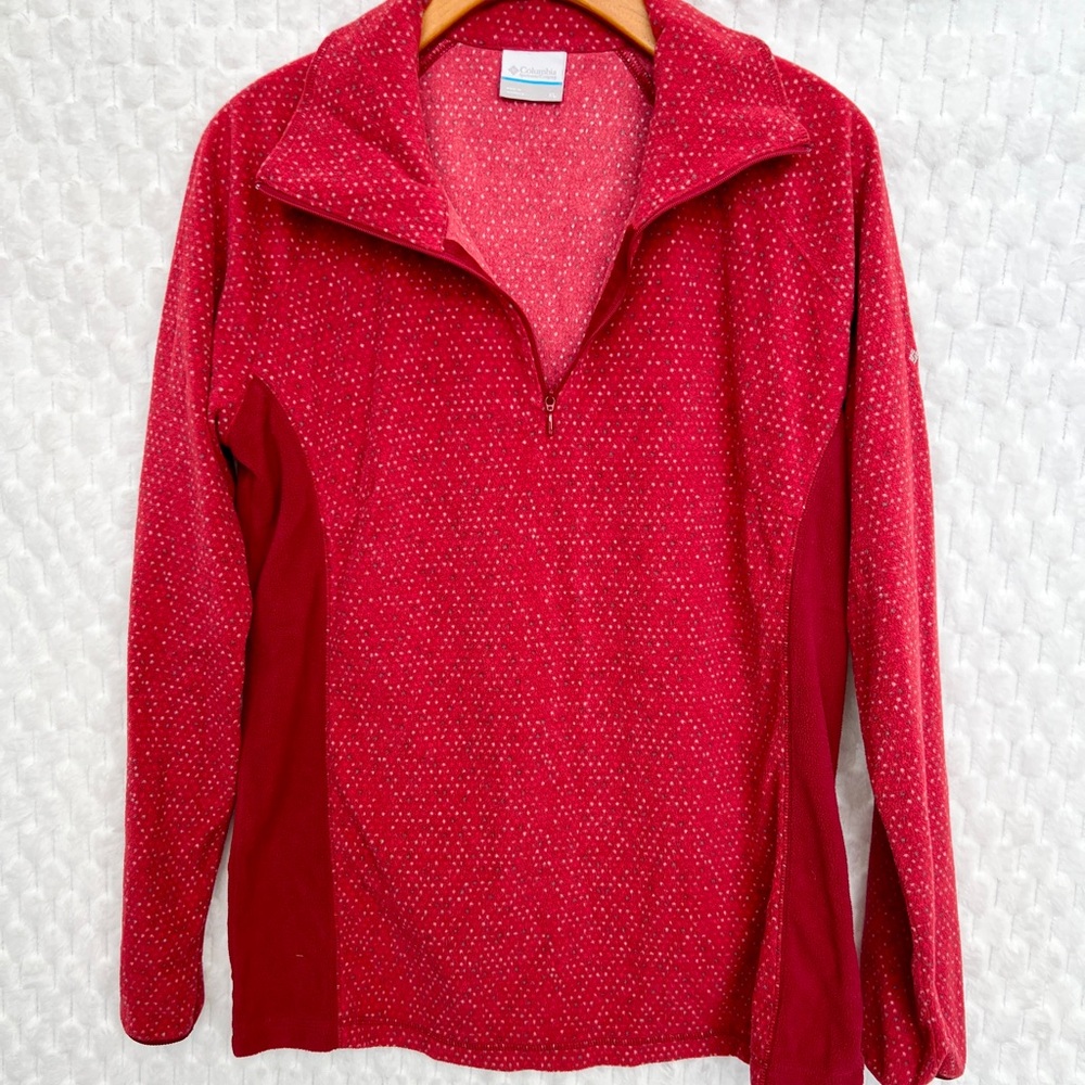 Columbia Sweater Womens XL Red Fleece Mock Neck 1/4 Zip Long Sleeve Polkadot